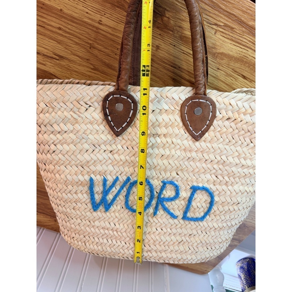 Poolside Medium Beach Tote Straw Basket Bag Embroidered Word Blue Tan Medium - Picture 6 of 16